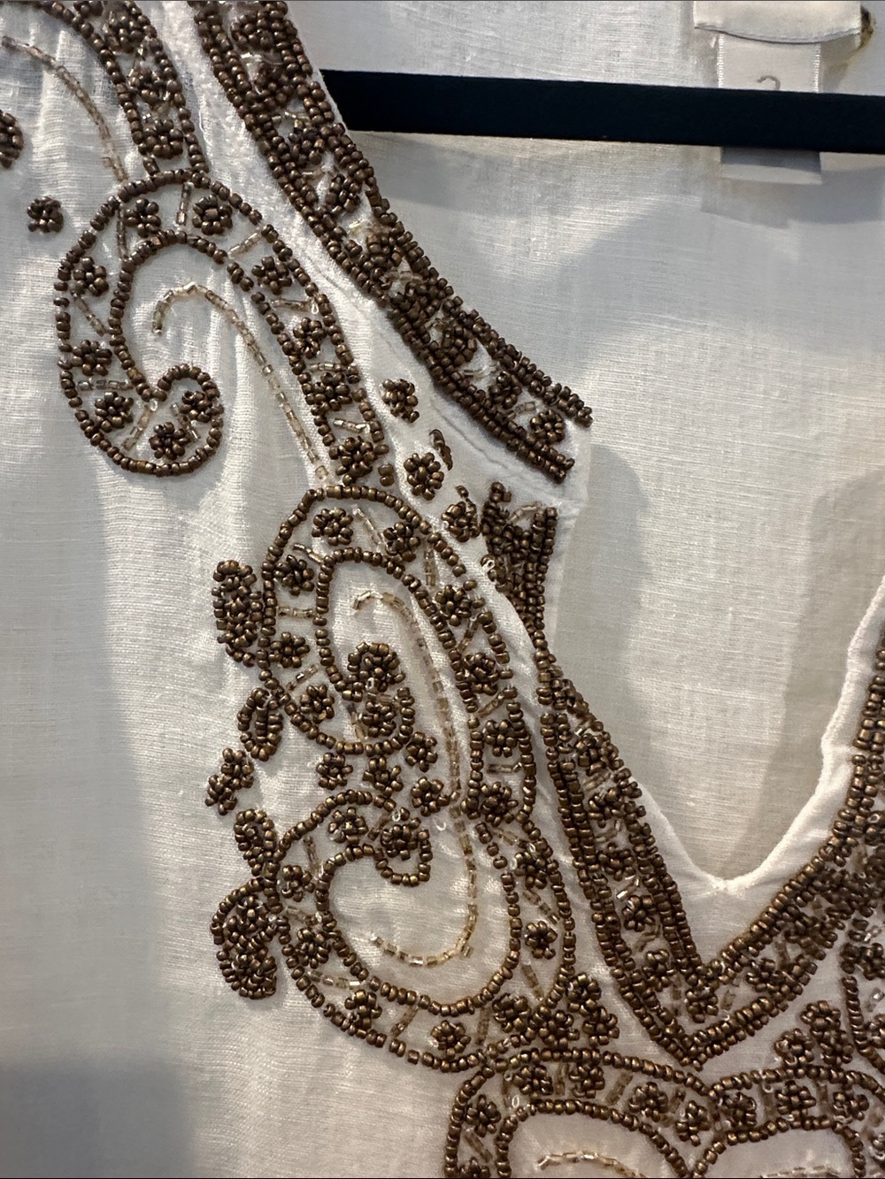 Chicos White Embroidered linen Tunic Top with Brown Beaded Detail